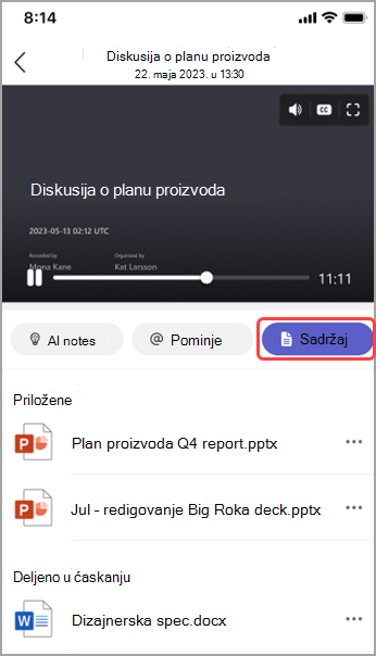 Prikažite deljeni sadržaj u podsetniku Teams sastanka.