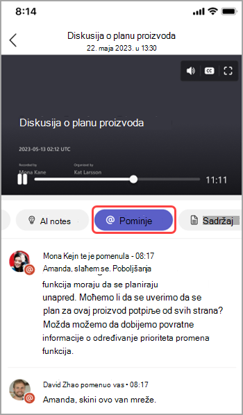 Prikažite pominjanja imena u podsetnicima Teams sastanaka.