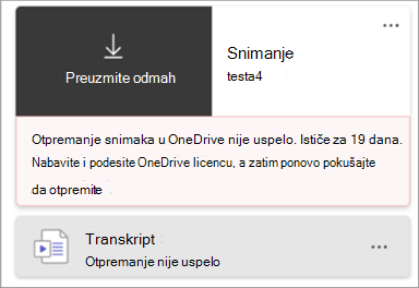 Snimak ekrana čileta snimka koji je ukazivao na to da otpremanje snimka nije uspelo.