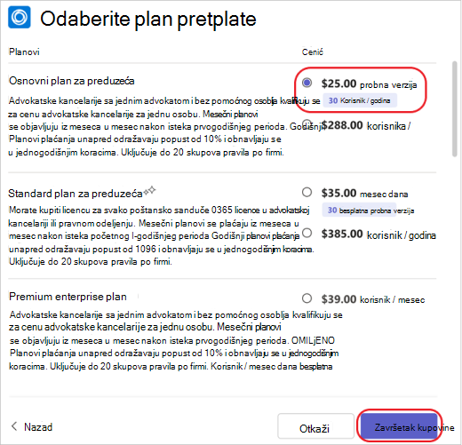 Izaberite plan pretplate za aplikaciju