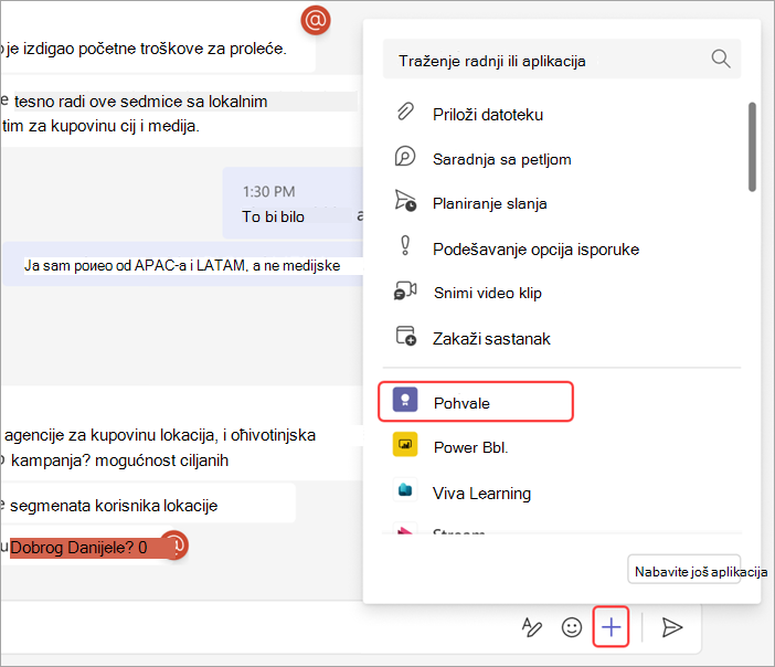 Snimak ekrana koji prikazuje kako da pošaljete pohvalu nekome u ćaskanju