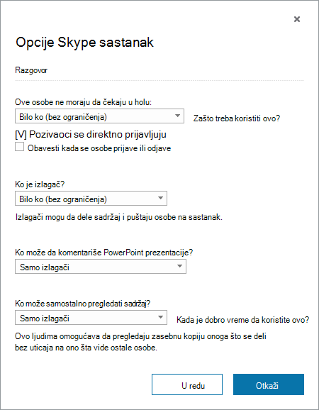 Dijalog sa opcijama Skype za posao sastanka
