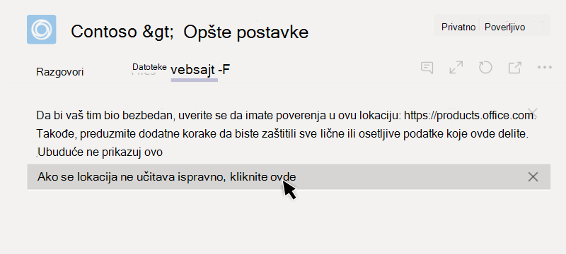 Veb lokacija nije uspela da se učita na kartici