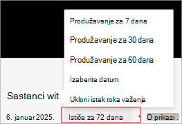 Snimak ekrana koji ističe kako produžiti datum isteka snimanja u usluzi Microsoft Stream.
