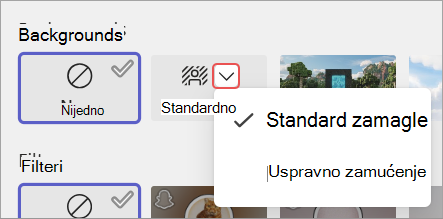 Snimak ekrana koji ističe opcije za zamućenje pozadine na ekranu pre pridruživanja sastanku.