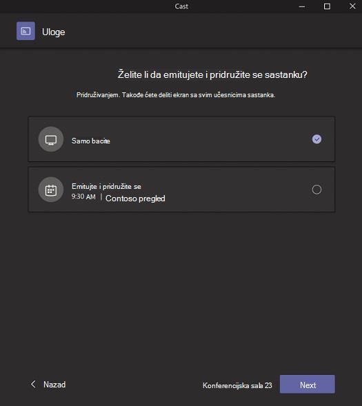 Iskačući prozor koji vam omogućava da odaberete da li želite samo da strimujete ili date prenos i pridružite se sastanku.