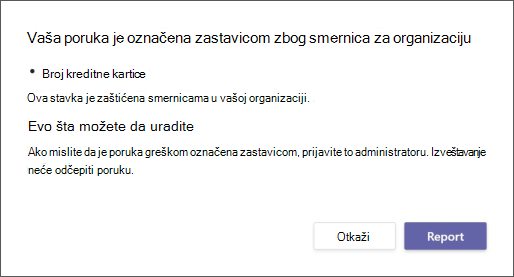Dijalog koji objašnjava zašto su smernice organizacije za sprečavanje gubitka podataka označile poruku