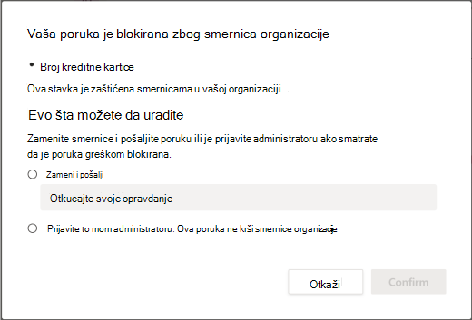 Opovrgnite opcije smernica za sprečavanje gubitka podataka organizacije