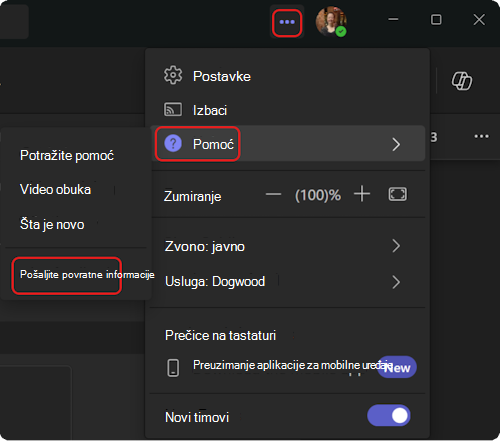 Kako da dođete do menija za pomoć u usluzi Teams.