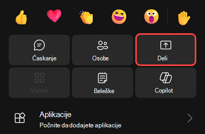 Meni na sastanku sa opcijama za pokretanje snimanja, stavljanje sebe na čekanje, pozivanje sebe, deljenje, uzimanje tastature telefona ili isključivanje dolaznog video poziva.