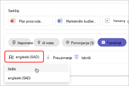 Snimak ekrana koji prikazuje kako da promenite jezik transkripta u podsetniku sastanka.