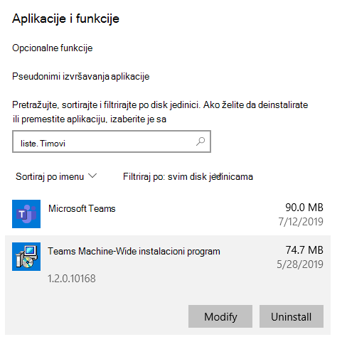 Korak u procesu deinstaliranja usluge Teams iz operativnog sistema Windows
