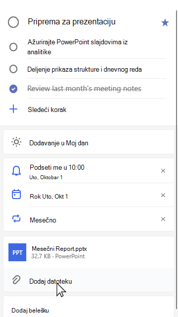 Detaljni prikaz zadatka Priprema za prezentaciju sa priloženom opcijom 