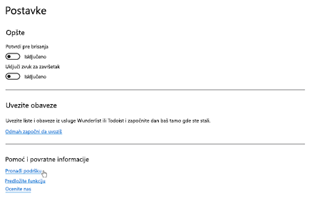 Postavke funkcije Windows To-Do sa opcijom 