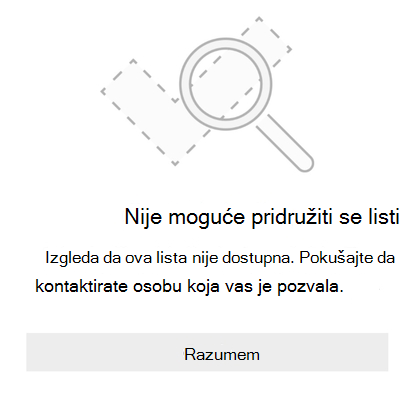 Poruka o grešci deljenja liste od aplikacije Microsoft To Do u kojoj piše 