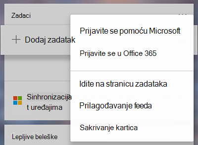 Snimak ekrana koji prikazuje opciju prijavljivanja pomoću korporacije Microsoft ili Office 365 na kartici 