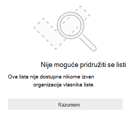 Poruka o grešci deljenja liste od aplikacije Microsoft To Do u kojoj piše 