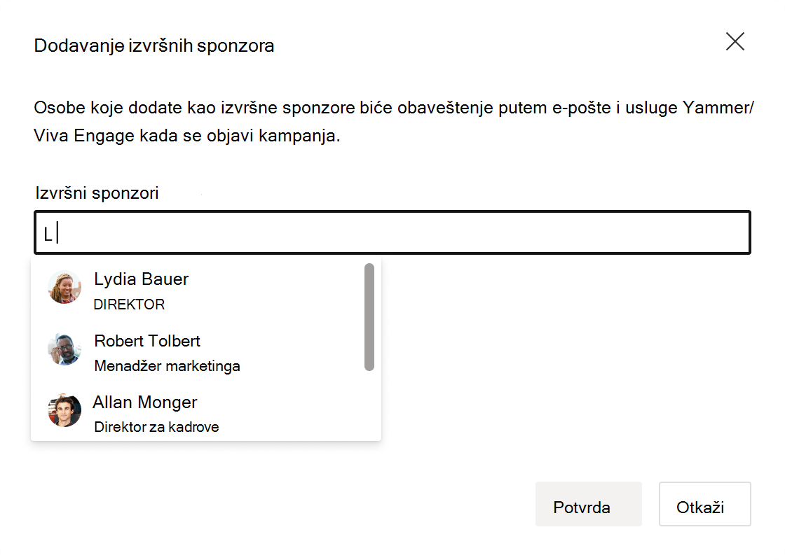 Snimak ekrana polja za unos za izvršne sponzore.