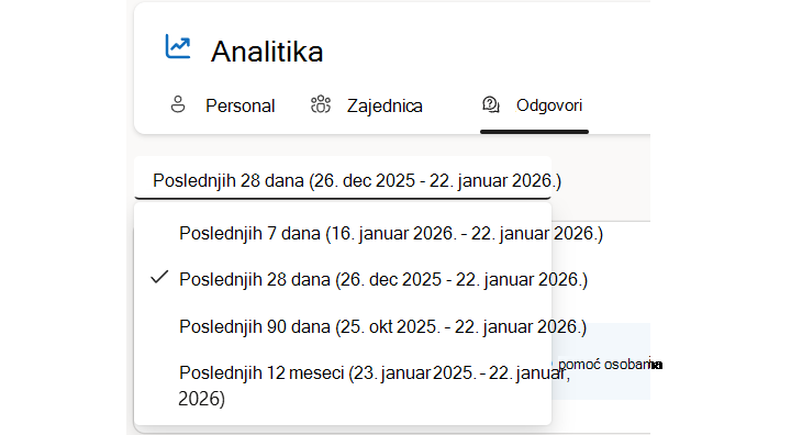 Answers omogućava filtriranje po opsezima datuma, uključujući prilagođene opsege ako licenciranje podržava.