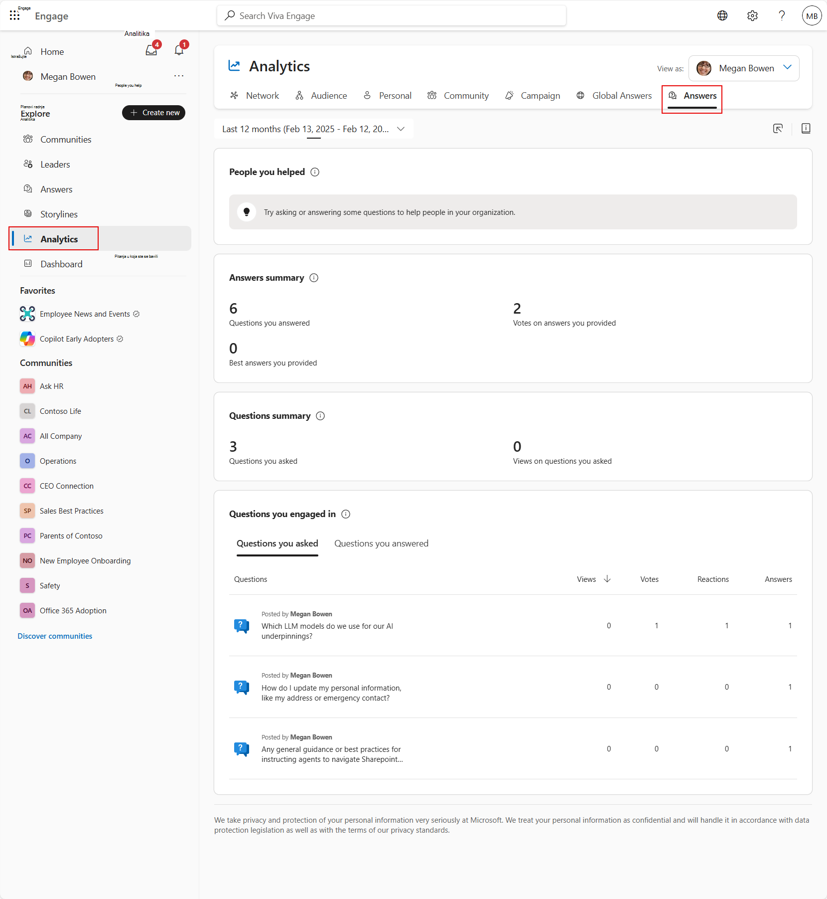Slika analitike odgovora u usluzi Viva Engage