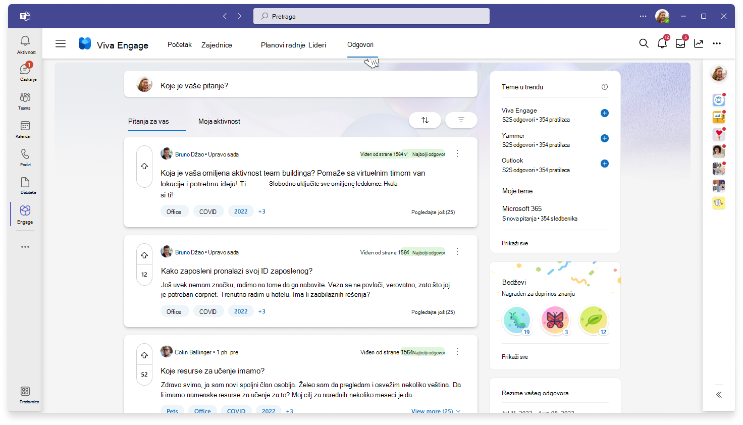 Prikaz ciljne stranice za Odgovori u Viva Engage