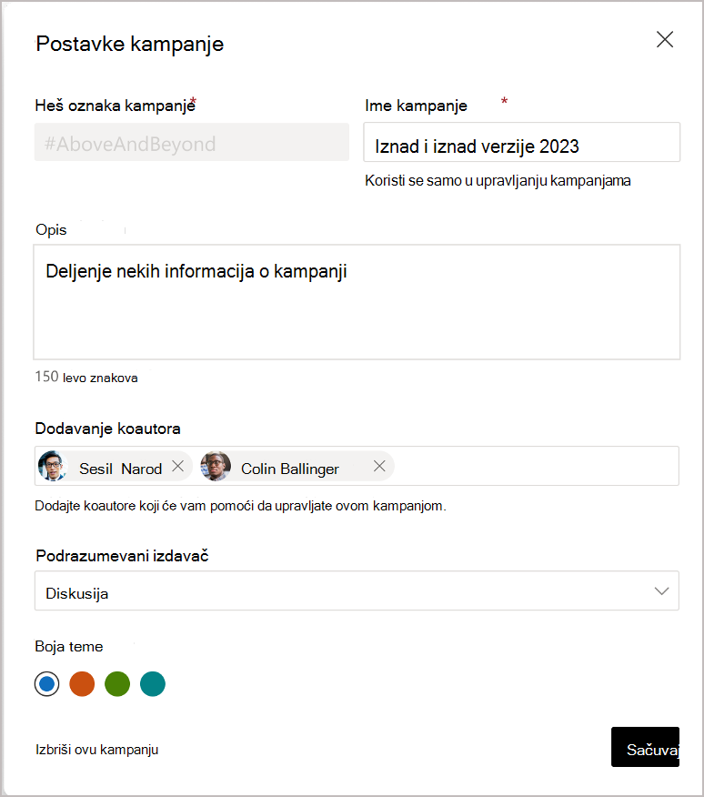 Engage i globalni administratori mogu da dodele koorganizatore.