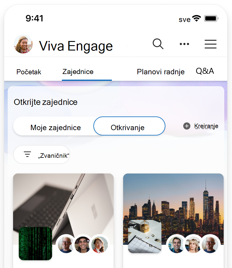 Snimak ekrana prikazuje stranicu otkrivanja filtriranu tako da prikazuje samo zvanične zajednice