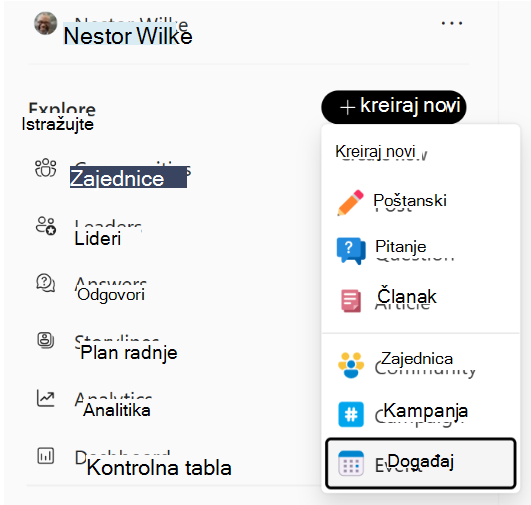 Leva navigacija Engage pruža opciju 