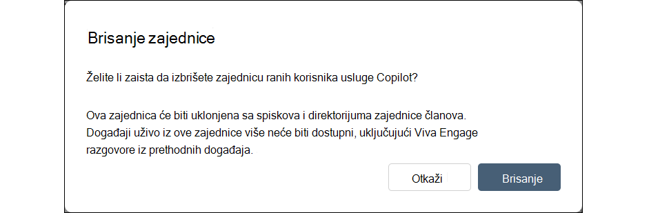 Snimak ekrana dijaloga za brisanje Engage zajednice u okviru postavki.