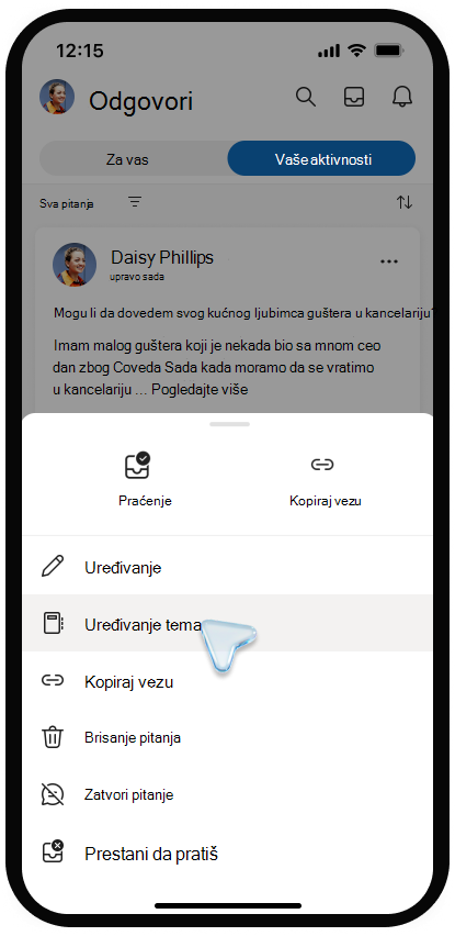Snimak ekrana menija za uređivanje tema u usluzi Viva Engage na mobilnom uređaju.