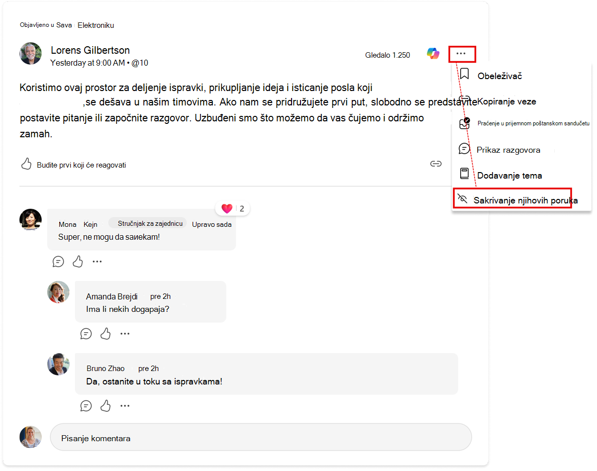 Skrivanje korisnika u niti razgovora. Ova radnja i dalje skriva komunikaciju u svim kontekstima Engage.