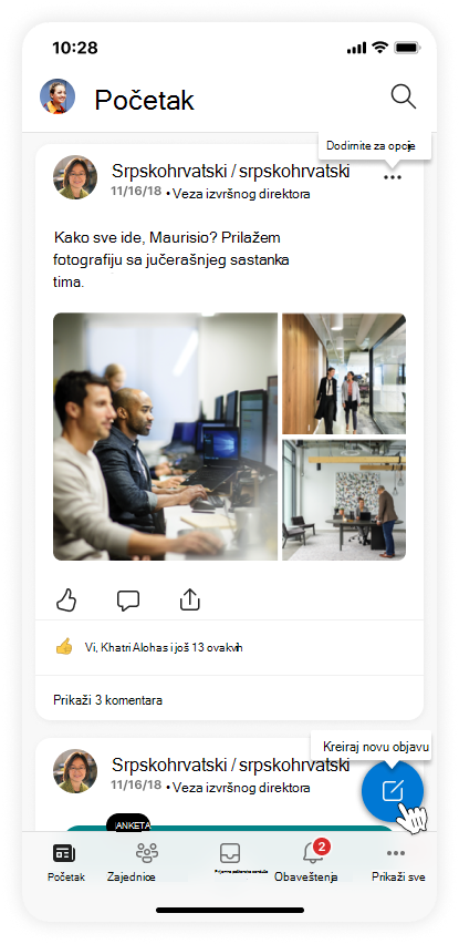 Slika početnog ekrana na Viva Engage aplikaciji za mobilne uređaje