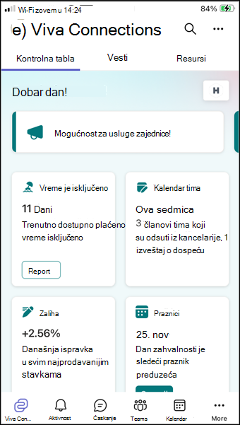 Snimak ekrana usluge Viva Connections na mobilnom uređaju.