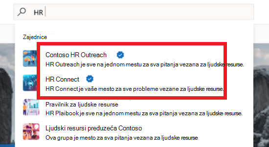 Slika rezultata pretrage koja prikazuje mešavinu zvaničnih i nezvaničnih zajednica