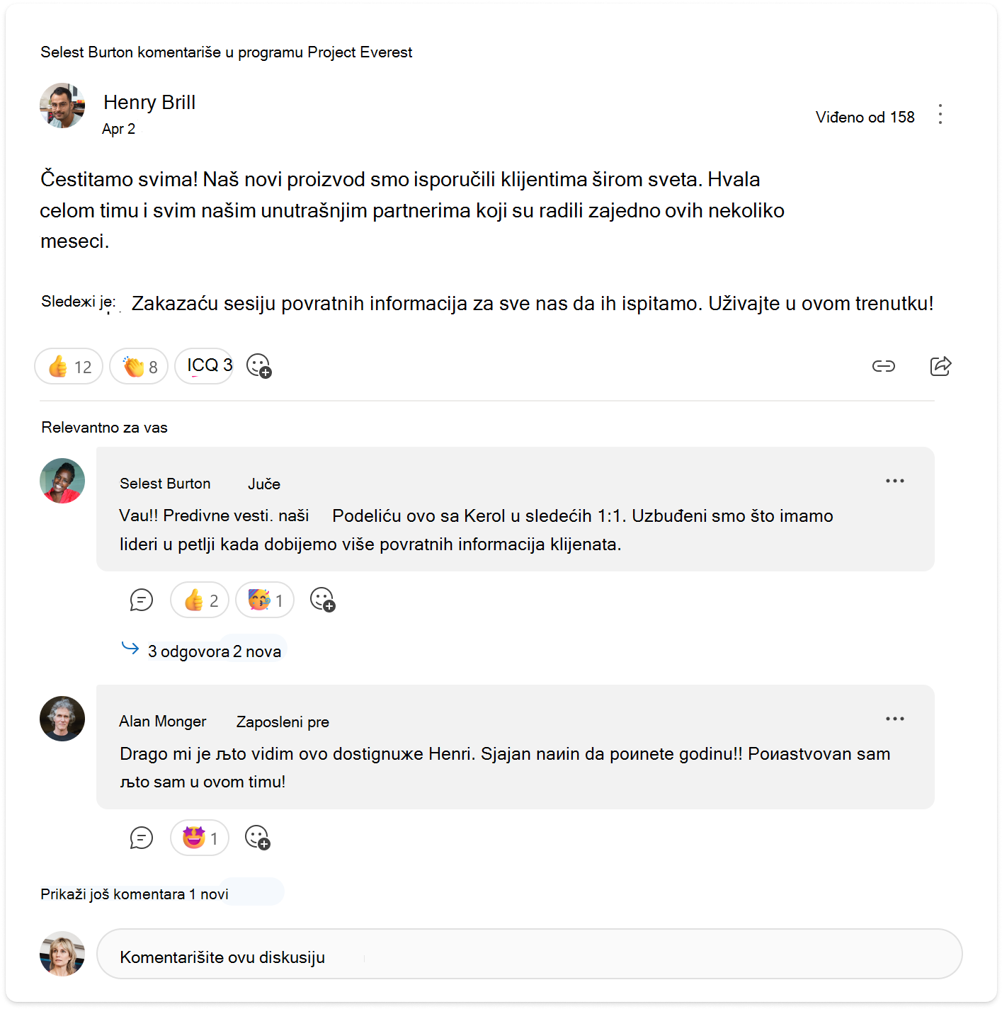 Razgovor koji prikazuje prikaz dva komentara relevantna za vas na Engage kartici razgovora.