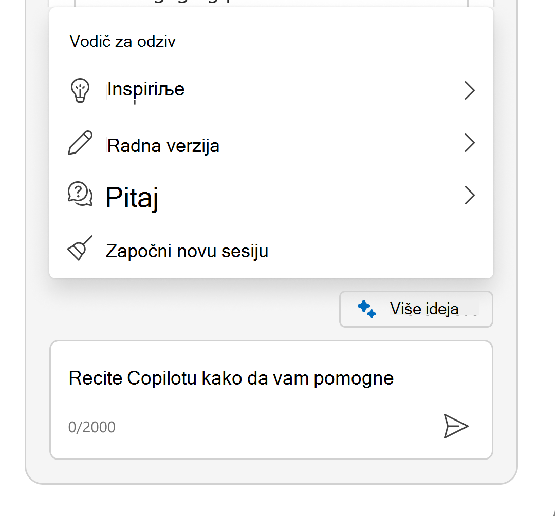 Snimak ekrana prikazuje mini-meni razvijen da bi se prikazao vodič za odziv.