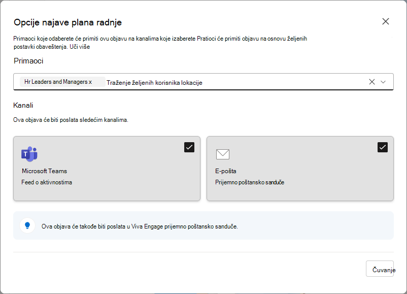 Slika postavke najava plana radnje dostupne liderima sa publikom u usluzi Viva Engage