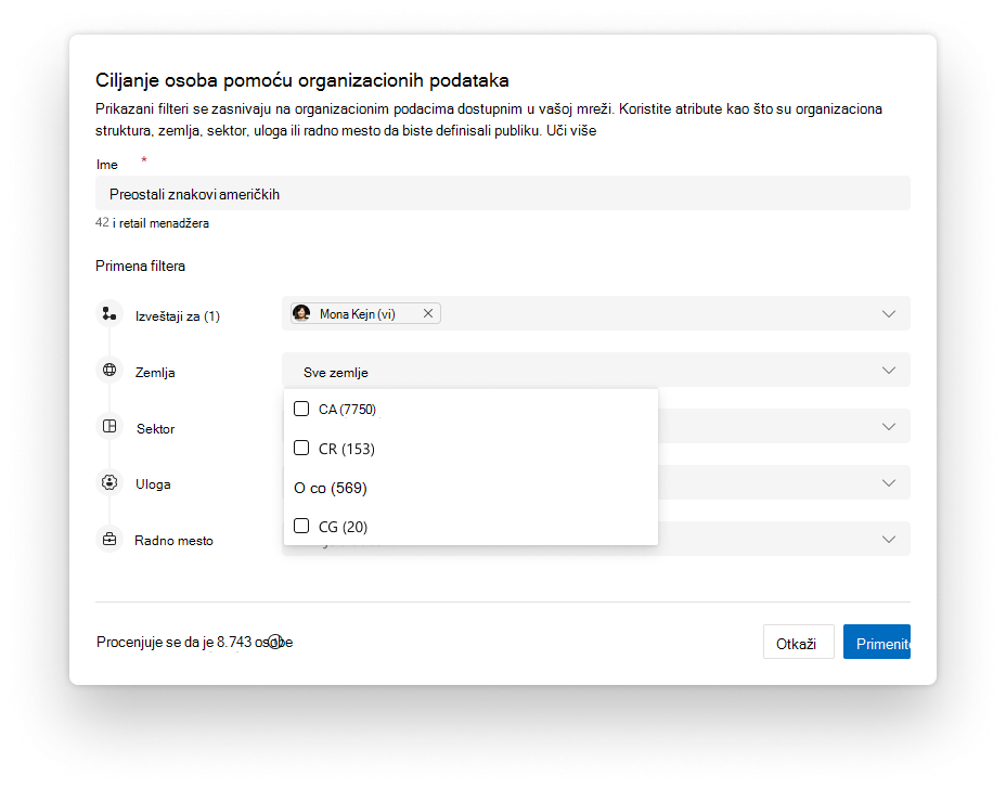 Image of step in Storyline Announcements audience definition flow to target people using organizational data