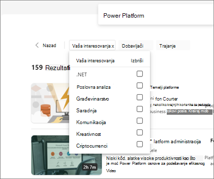 Snimak ekrana usluge Viva Learning koji ističe filter 