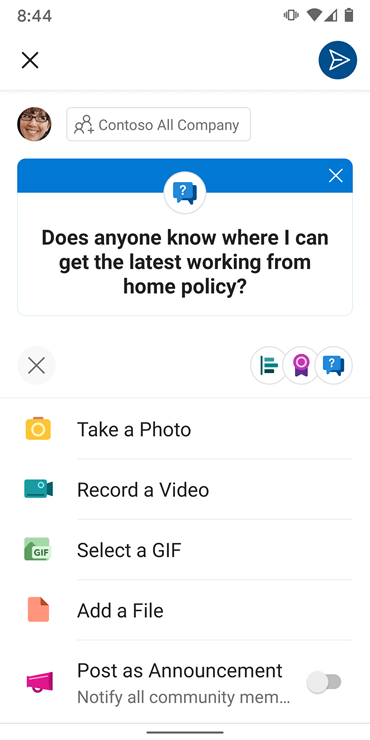 Snimak ekrana koji prikazuje sastavljanje konverzije pomoću aplikacije Andriod Yammer