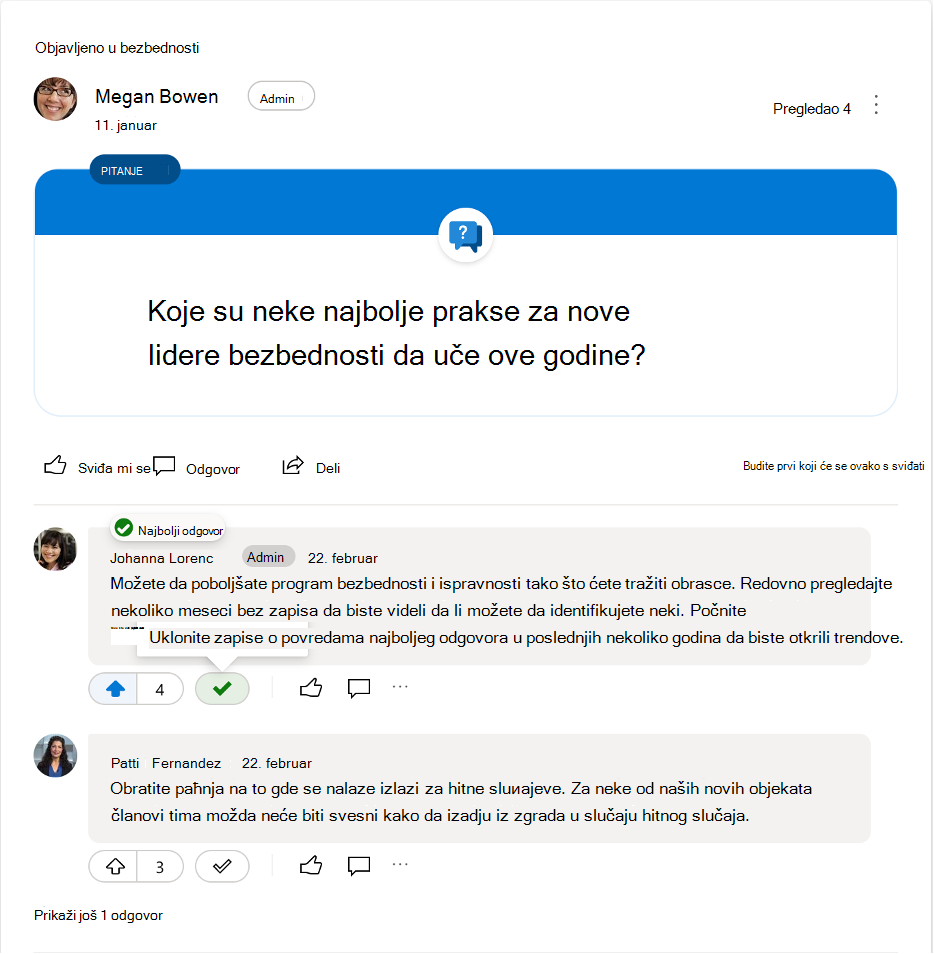 Uklanjanje oznake najboljeg odgovora na Yammer pitanje