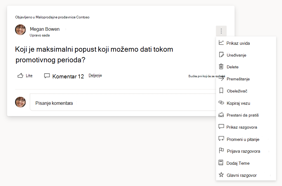 Snimak ekrana koji prikazuje opcije za pitanja i razgovore