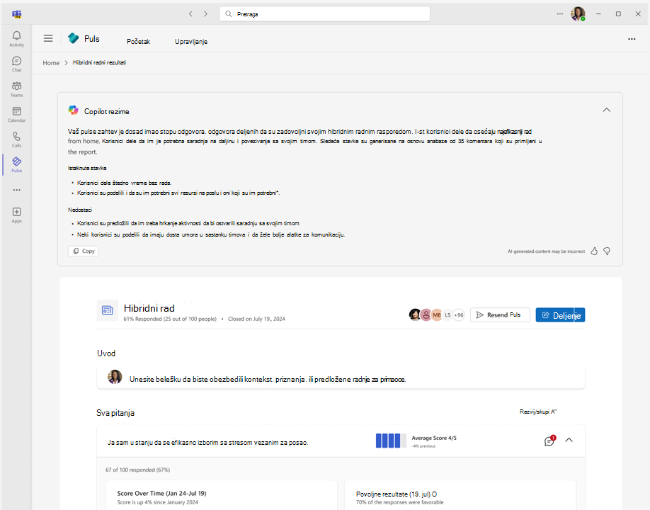 Screenshot of a Pulse report showing the summary generated using Copilot