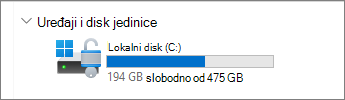 Istraživač datoteka slika dostupnog prostora na C disk jedinici.
