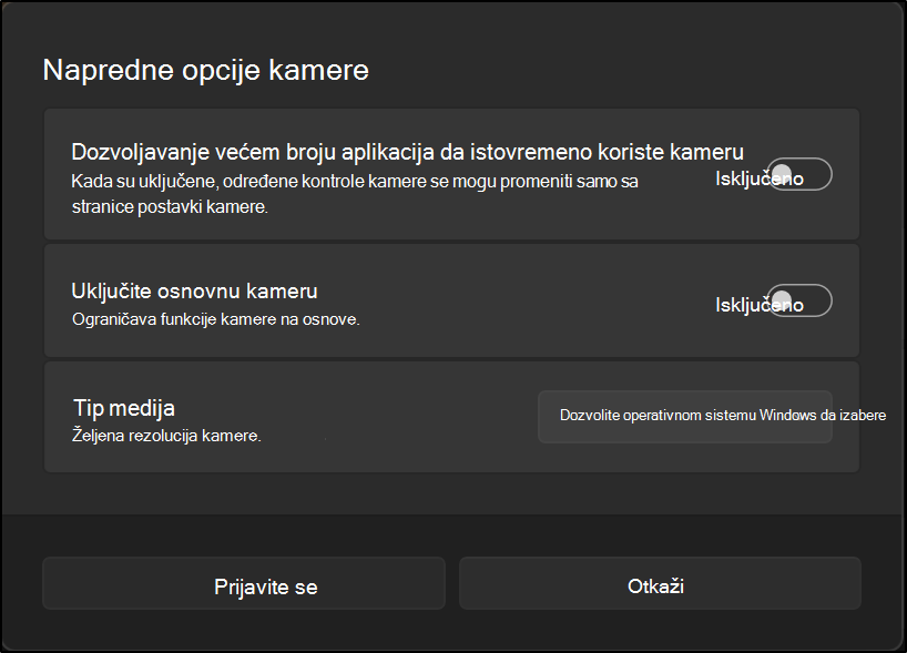 Napredne opcije kamere koje prikazuju postavke za dozvoljavanje većem broju aplikacija da koriste kameru, uključivanje osnovne kamere i izbor željenog tipa medija.