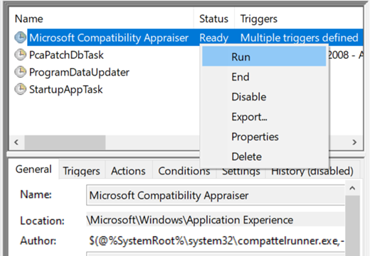 Pokretanje programa Microsoft Compatibility Appraiser u planeru zadataka.