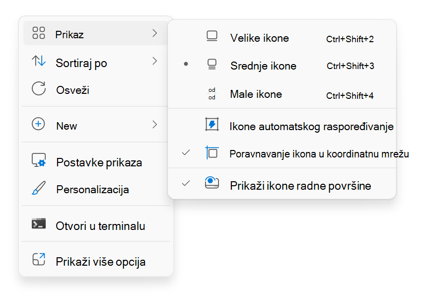 Snimak ekrana kontekstualnog menija na radnoj površini koji se pojavljuje kada kliknete desnim tasterom miša.