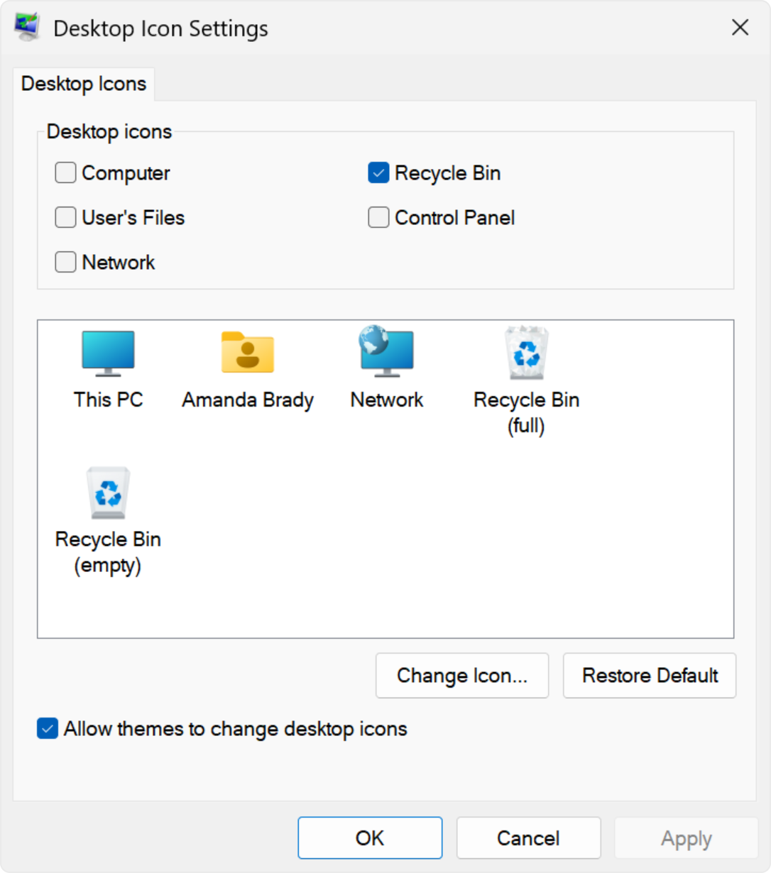 Snimak ekrana postavki ikona na radnoj površini u operativnom sistemu Windows.