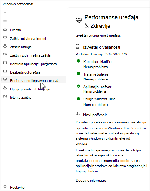 Snimak ekrana stranice sa uređajem i performansama aplikacije Windows bezbednost.