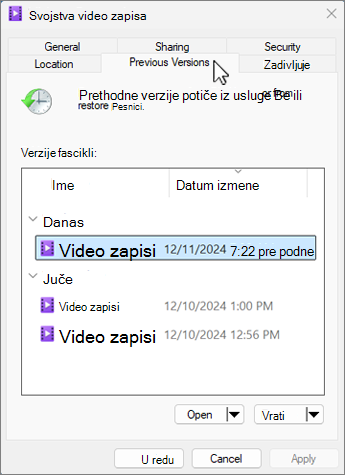 Snimak ekrana dijaloga svojstava istorije datoteka